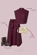 flatlay-yastimber-outfit-yas-bordeaux-fig-gestreepte-blouse-mouwloos-gestreepte-midi-lange-rok-strik