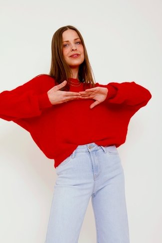 Fluffy Round Neck Sweater Red Sweet Like You