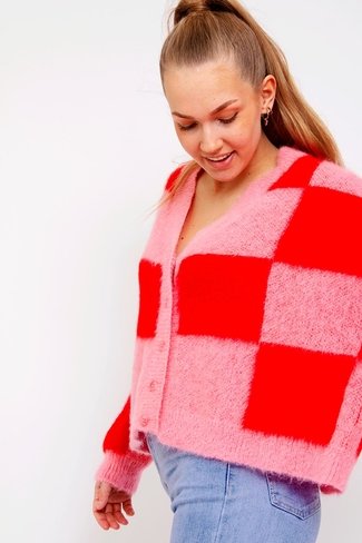Checkered Cardigan Red Sweet Like You