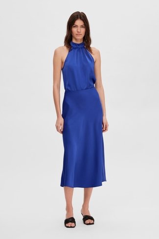 Slfrachelle Satin Midi Skirt Blue Selected Femme
