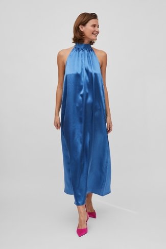 Visittas Halterneck Maxi Satin Dress Blue Vila