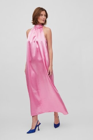 Visittas Halterneck Maxi Satin Dress Pink Vila
