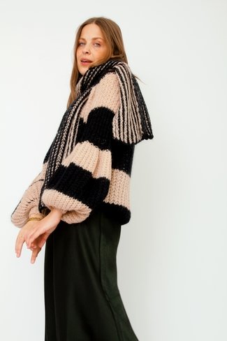 Ava Striped Sweater Set with Scarf Black Brown Sweet Like You