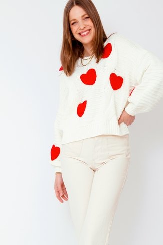 Knitted Hearts Sweater White Sweet Like You