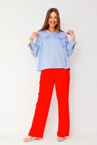 Wide Collar Checkered Blouse Blue White Sweet Like You