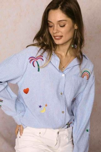 Graphic Striped Long Sleeve Top Blue Mix Sweet Like You